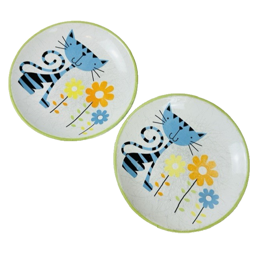 Whisker City Cat Dish Set of 2 Blue Cat w/ Flowers Kitten Pet Trinket